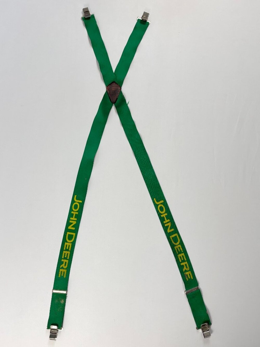 Vintage John Deere Mens Suspenders Green Straps Leather Logo Clips